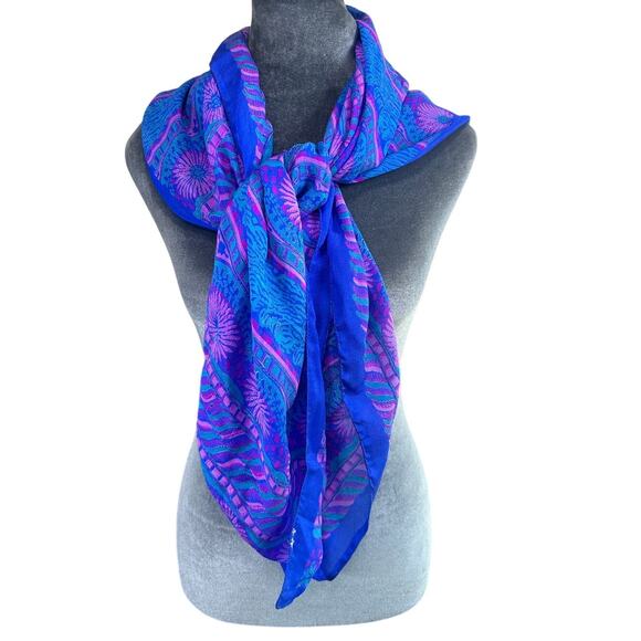 Vintage Silky Semi Sheer Royal Blue Purple Square Scarf- 39x39"- flowers - Picture 1 of 6
